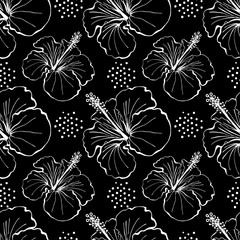 Hibiscus flower seamless pattern. Hand drawn sketch style. Line art. Mallow Chinese Rose. Herbal tea. Hawaii. Black and white Tropical Vector background for paper, textile, wrapping and wallpaper.
