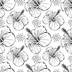 Hibiscus flower seamless pattern. Hand drawn sketch style. Line art. Mallow Chinese Rose. Herbal tea. Hawaii. Black and white Tropical Vector background for paper, textile, wrapping and wallpaper. © elenavic