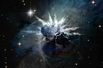Collision of planets in space. Elements of this image furnished by NASA.