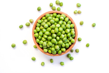 green peas on bowl on white background.