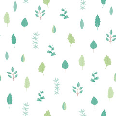 Tender greenery seamless pattern with light green and blue hand drawn leaves and branches on white background. Cute sketchy botanical texture for textile, wrapping paper, print design, surface