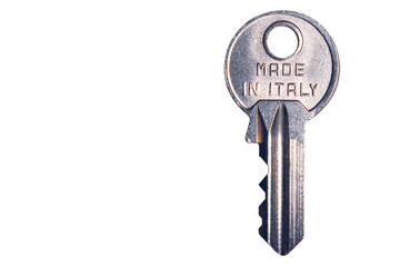 padlock key with made in Italy text isolated on white background copy space,macro closeup