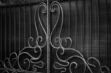 Decorative metal fence with wrought iron elements in black and white