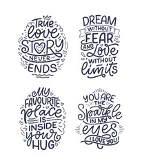 Set with slogans about love in calligraphy style. Vector abstract lettering compositions. Trendy graphic design for print. Motivation posters. Quotes for Valentine's Day.