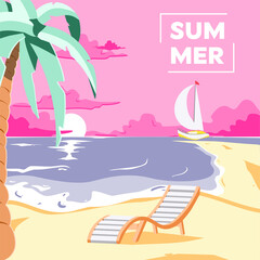 Chair and Palm on tropical beach near the sea shore. Summer Travel and Summer Vacation Postcard. Pink sunset on the sandy beach landscape vector illustration. 