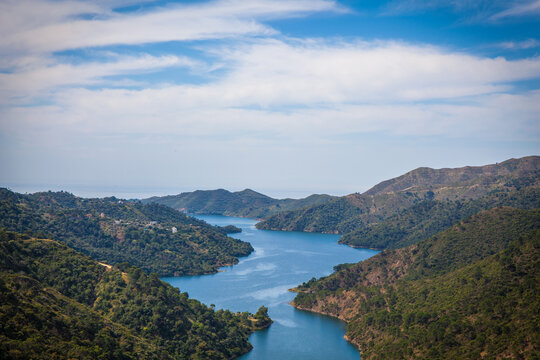 Elevated view across La Concepcion reservoir. Marbella, Malaga Province, Andalusia, Spain.