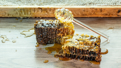 Miel de panal de abejas con cuchara de cristal