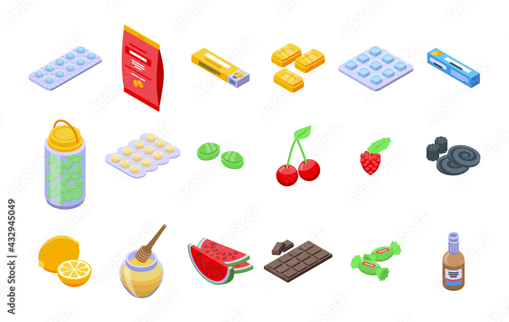 Poster cough drops icons set. isometric set of cough drops vector icons for web design isolated on white ba