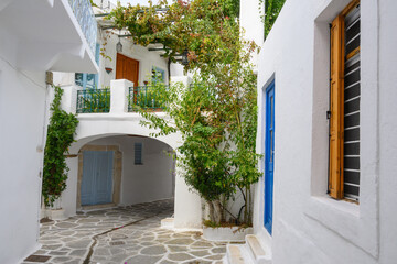 Traditional Greek whitewashed architecture in beautiful Parikia Old Town on Paros island. Cyclades, Greece