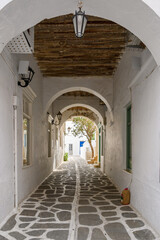 Traditional Greek architecture in beautiful Parikia Old Town on Paros island. Cyclades, Greece