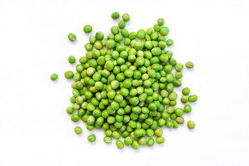pile green peas on white background.