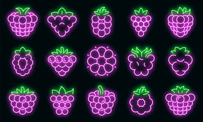 Blackberry icons set. Outline set of blackberry vector icons neon color on black