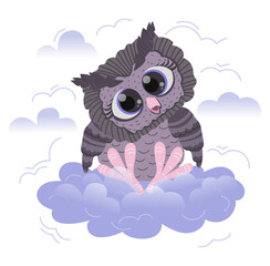 Cute cartoon style owl sits on a cloud. Drawing isolated on a white background. Stock vector illustration.