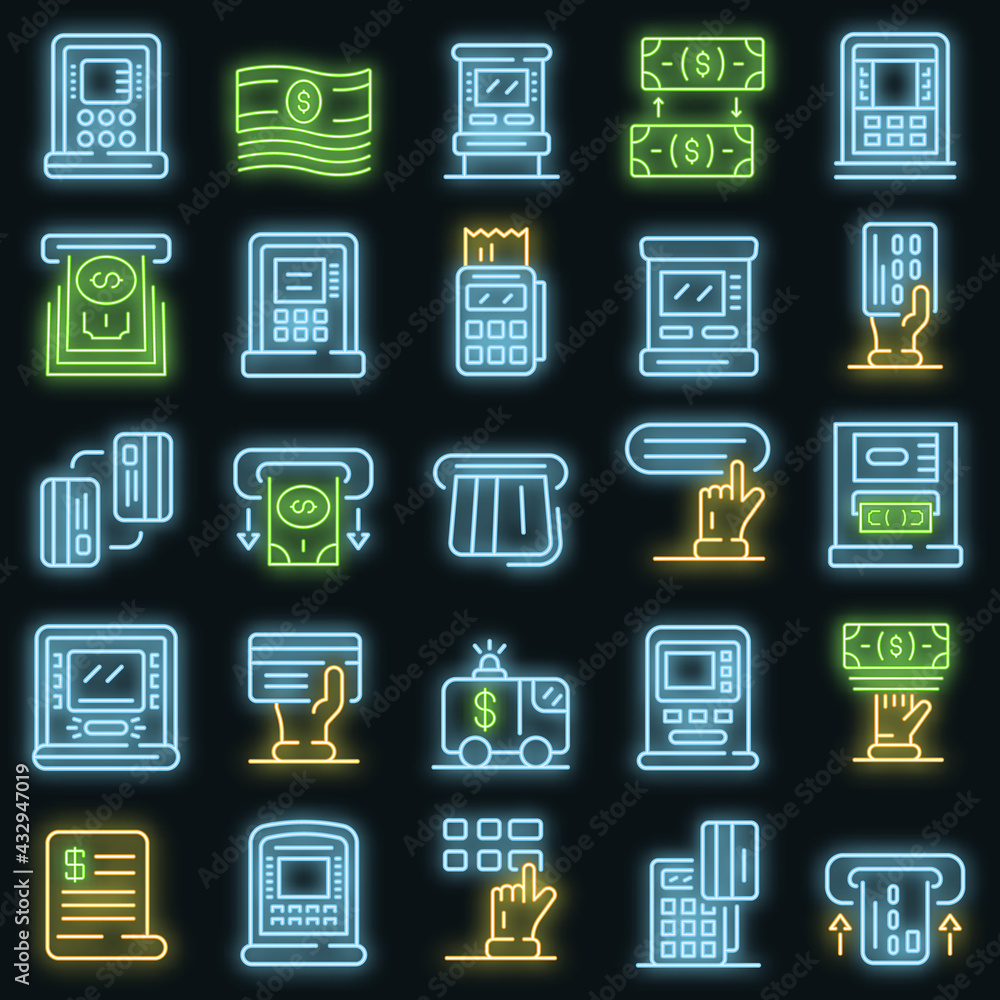 Aufkleber atm machine icons set. outline set of atm machine vector icons neon color on black