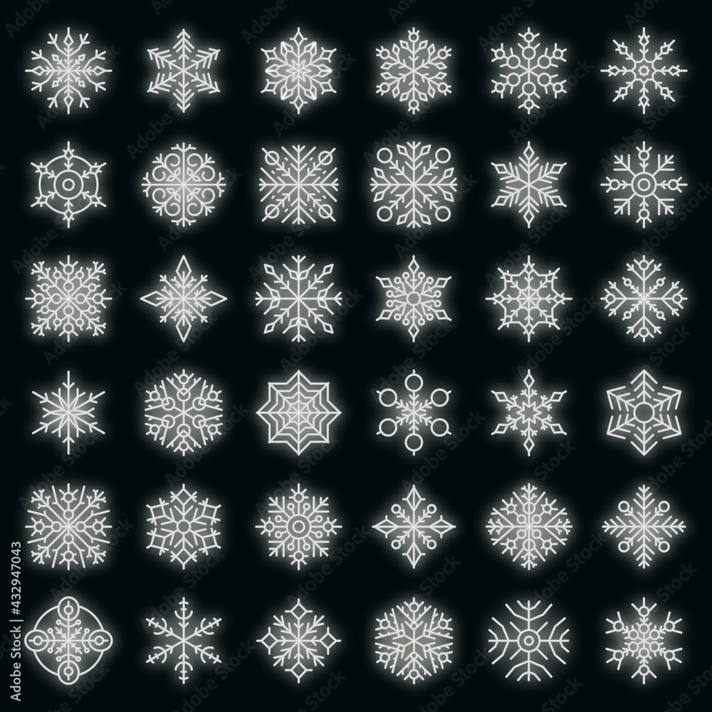 Poster snowflake icons set. outline set of snowflake vector icons neon color on black