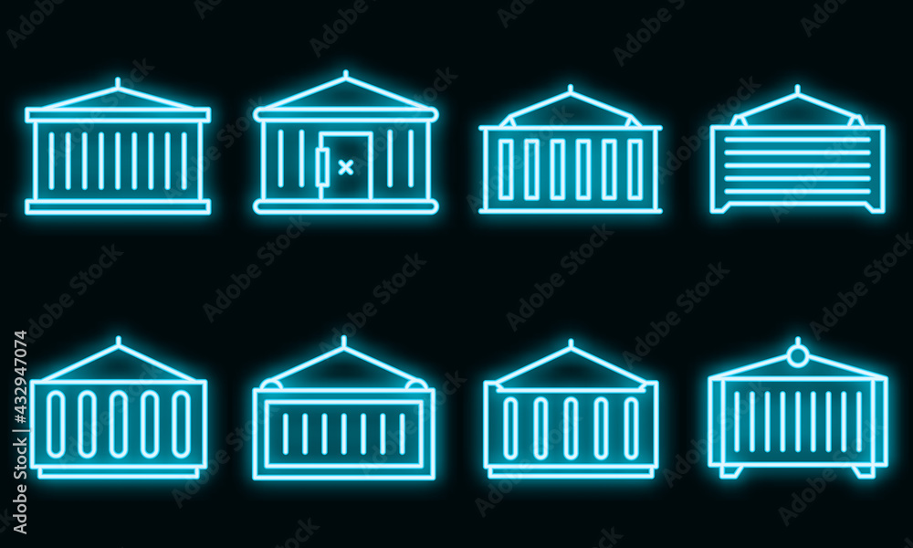 Poster cargo container icons set. outline set of cargo container vector icons neon color on black