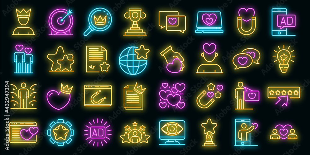 Poster engaging content icons set. outline set of engaging content vector icons neon color on black
