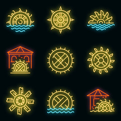 Water mill icons set. Outline set of water mill vector icons neon color on black