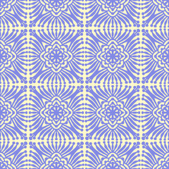 seamless pattern with flowers and ornaments in folk style drawn with violet and light yellow colors, vector