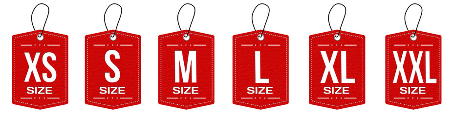 Collection of clothing size labels or price tags