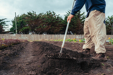 person raking the land, working the land organically, for healthy food, forest background ,person working in the garden