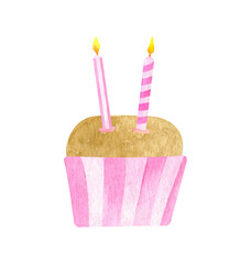 Watercolor Birthday cake with two candles. Hand drawn cute biscuit cupcake in pink paper liner. Dessert ilustration isolated on white background. Baby girl 2nd Birthday celebration cake