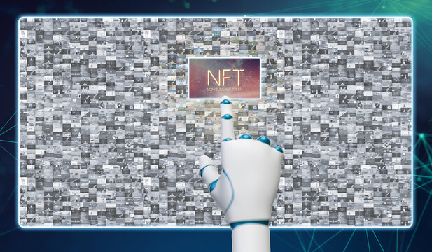 robot hand selecting an image with the message NFT NON FUNGIBLE TOKEN out of thousands of images