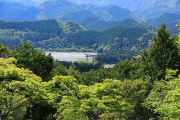 新緑の熊野古道から大斎原大鳥居を望む　、和歌山県　日本
