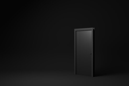 Closed Black Door on Black background. minimal concept idea creative. monochrome. 3D render.