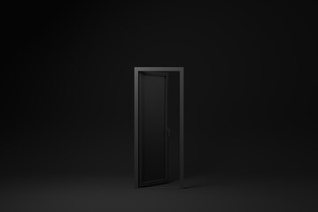 Closed Black Door on Black background. minimal concept idea creative. monochrome. 3D render.