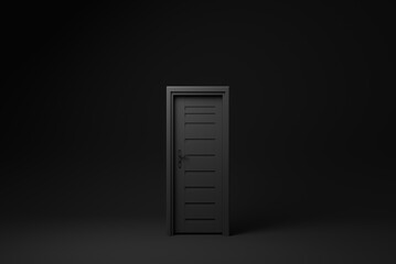 Closed Black Door on Black background. minimal concept idea creative. monochrome. 3D render.