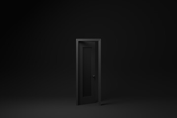 Black door Open entrance to creative ideas or new life in white background. minimal concept idea creative. 3D render.