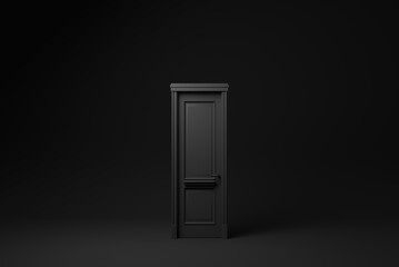 Closed Black Door on Black background. minimal concept idea creative. monochrome. 3D render.
