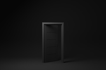 Black door Open entrance to creative ideas or new life in white background. minimal concept idea creative. 3D render.