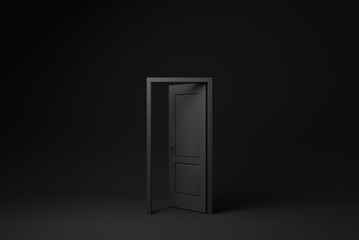Black door Open entrance to creative ideas or new life in white background. minimal concept idea creative. 3D render.