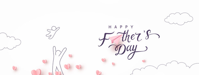 Father's day postcard with paper flying elements, airplane, man and child on white sky background. Vector pink symbols of love in shape of heart for greeting card design.