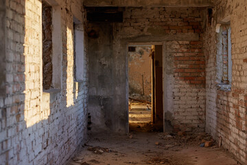 Fototapeta na wymiar corridor of an old brick abandoned building