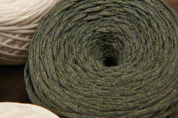 green threads for macrame close-up, hobby, weaving from threads