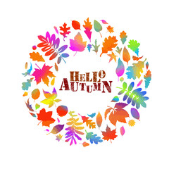 Round frame made from leaves. Floral frame. Mixed media. Hello, autumn. Vector illustration