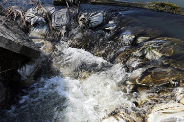 Sandbags that protect the surrounding area from spring flooding. Sandbags during floods