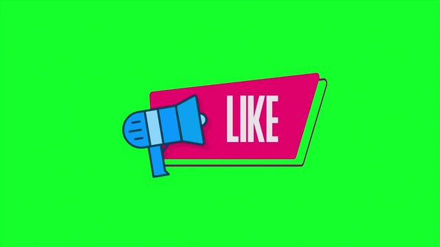 Like shere text animated megaphone with speech bubble title highlight slide closing in, chroma green screen shot.