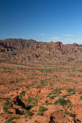 The steep canyon. Panorama view of the red desert, cliffs, orange sandstone formations and rocky mountains in the horizon in Sierra de las Quijadas national park in San Luis, Argentina.