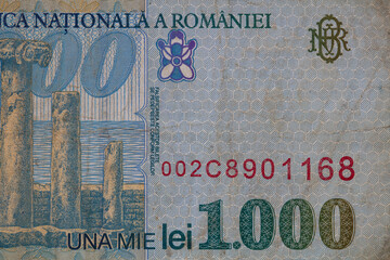 Closeup of 1000 Romanian lei banknote, 1996 Series - paper