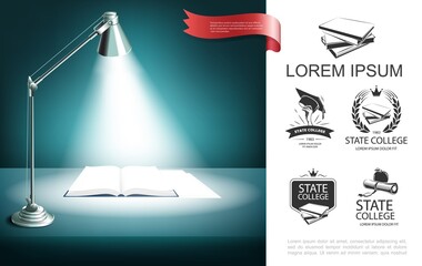 Realistic Education Learning Concept With College Labels Desk Lamp Open Book Table Illustration