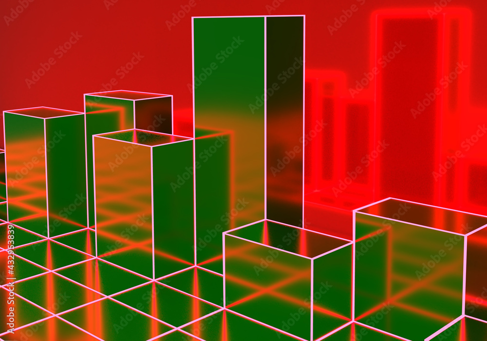 Poster volumed bar charts. large charts. red-green histograms. 3d graphics. visual representation of the da