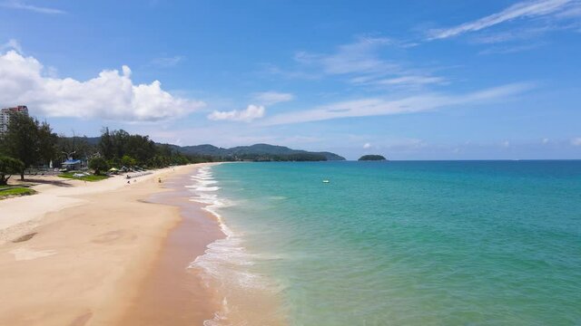 Phuket beach sea travel trip. After covid-19. Phuket Thailand. Aerial view over Tropical beach sea. Aerial landscape ocean sea. Cora under water landscape. New normal after covid-19.