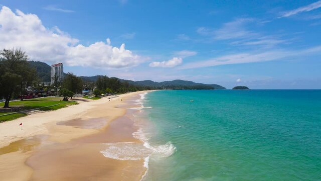 Phuket beach sea travel trip. After covid-19. Phuket Thailand. Aerial view over Tropical beach sea. Aerial landscape ocean sea. Cora under water landscape. New normal after covid-19.