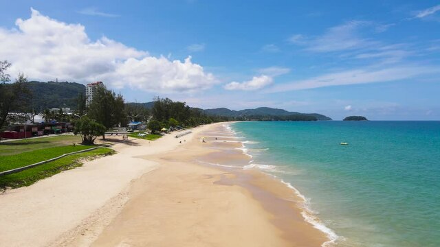 Phuket beach sea travel trip. After covid-19. Phuket Thailand. Aerial view over Tropical beach sea. Aerial landscape ocean sea. Cora under water landscape. New normal after covid-19.