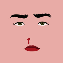 Vector ilustration of parts of woman's face: sad eyes, lips, brows and nose bleeding. Violence,  traumatized women and abuse concept.