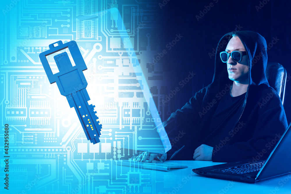 Poster information security. electronic data security. a symbolic key on a technical background. a man work